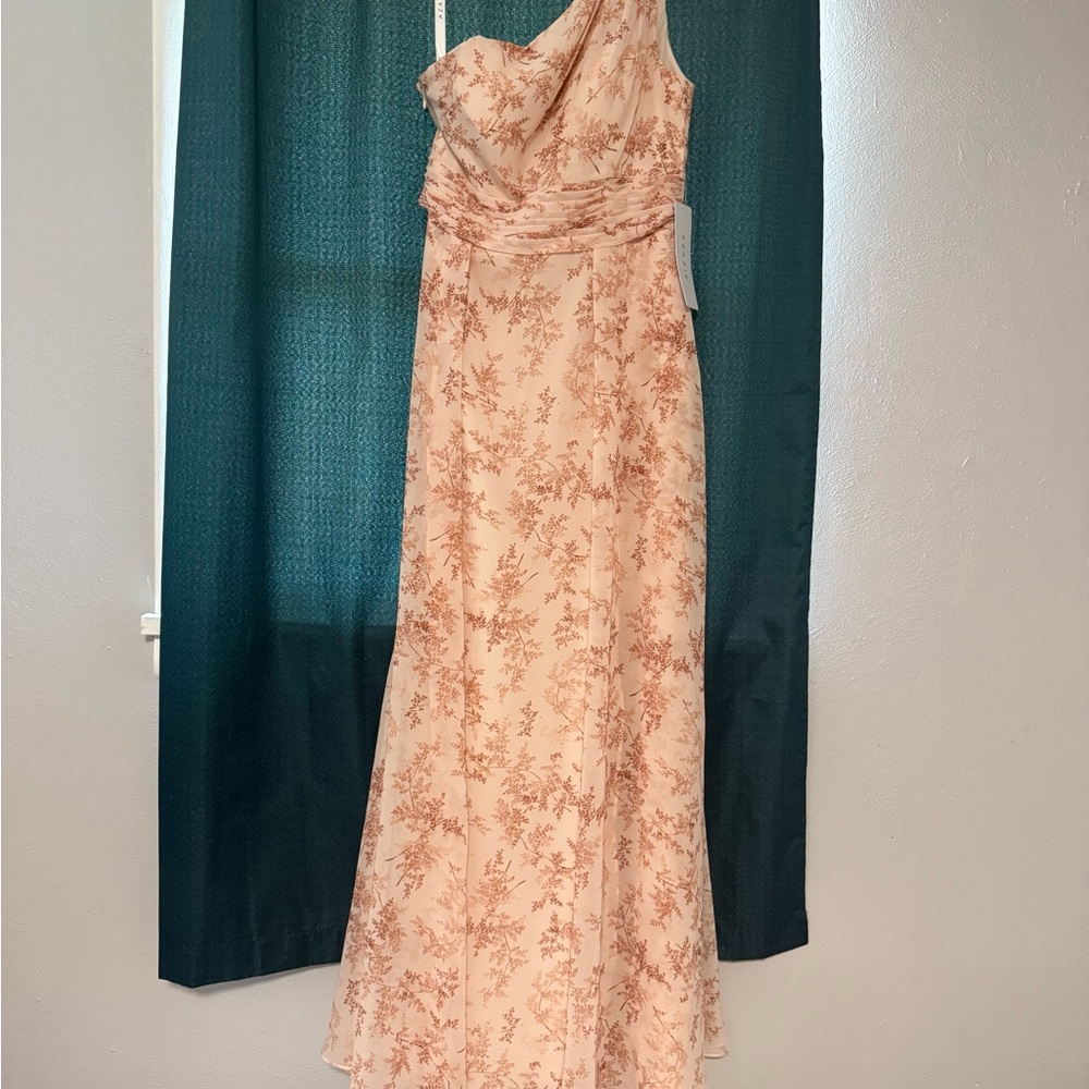 Azazie Dallas: Pink/Peach Fern Floral One Shoulder Chiffon Dress